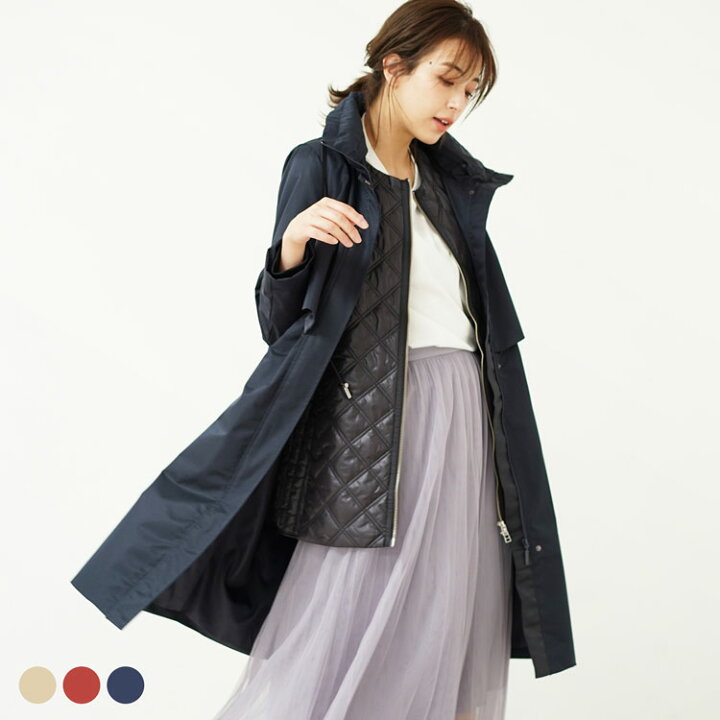 楽天市場 コート レディース 2way アウター ライナーベスト付き フード付き ロング 秋 冬 きれいめ フード付きトレンチ トレンチコート 中綿 中綿ライナー 3way ベージュ レッド ネイビー 仕事 通勤 ビジネス ギフト 6f r 三京商会 Sankyo Shokai