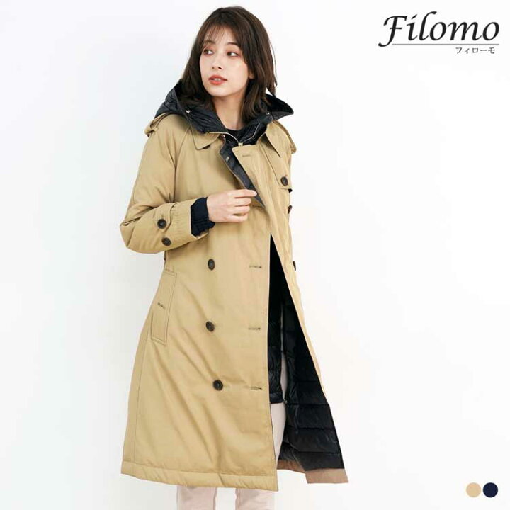楽天市場 Filomo ダウン トレンチ レディース フード付き ウィンドストッパー 着脱 ダウン90 タウンユース ビジネス ベージュ ネイビー 保温 プレゼント ギフト 女性 母 母の日 5f r 三京商会 Sankyo Shokai