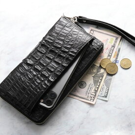 【19%offクーポン】本革 オーガナイザー 長財布 ラウンドファスナー クロコダイル ホーンバック 使用 メンズ ストラップ付き ブラック 黒 ギフト プレゼント 背ワニ 4FA (06001690r)