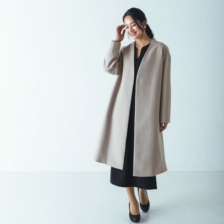 楽天市場】カシミヤ ブレンド ウール ノーカラー Vネック ロングコート 