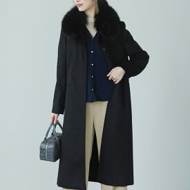 カシミヤ ロング コート レディース フォックス ファー カシミヤ100％ 黒 ステンカラー 比翼仕立て 秋冬 ブラック プレゼント ギフト ロングコート カシミヤコート フォーマル アウター 秋 冬 冠婚葬祭 ギフト プレゼント 6F (02000260r)