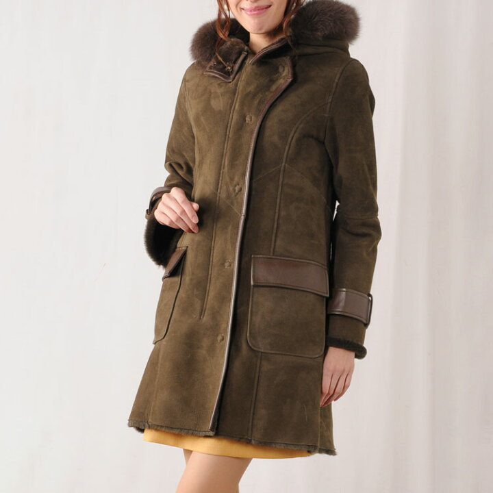 楽天市場】ムートンコート フード付き フォックス ファー トリミング  