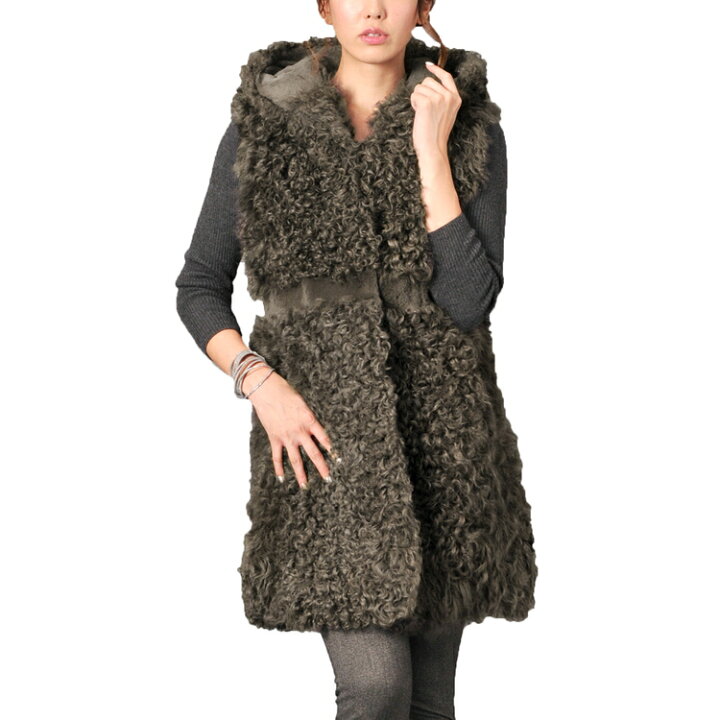 楽天市場】カルガンラム ＆ ラビット ファー ベスト ロング フード付き  