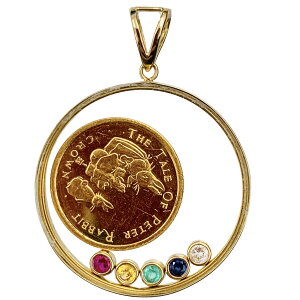 ピーターラビット金貨 家族 コイントップ ジブラルタル エリザベス女王 1994年 K18/24 純金 4.22g 1/25オンス ルビー サファイヤ ダイヤモンド エメラルド 保護ガラス付き