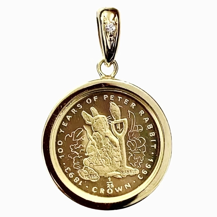 美品 ピーターラビット金貨  ジブラルタル エリザベス女王  25オンス 1993年 3.3g  K18 24 純金 ダイヤモンド 0.01 Gold 両面ガラス付き