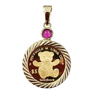 【新品】 テディベア 金貨 保護ガラス付 クマ 2023年 3.94g 1/30オンス ルビー 0.16 K18/24 イエローゴールド 純金 コイントップ 記念 ペンダントトップ 発行証明書