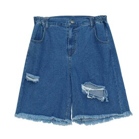 大きいサイズ レディース ボトムス ハーフパンツ Aライン ショートパンツ ワイドレングス ウエストサイドゴム仕様 裾フリンジ フロントダメージ加工 ブルーデニム LL 3L 4L 5L / 2022夏新着【予約】