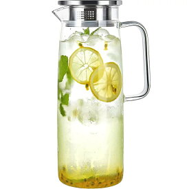 【ポイント十倍 1400ML】麦茶ポット 冷蔵庫 ポット ハンディー ピッチャー 冷水筒 冷水ポット 耐熱ガラス ジャグ SUS304ステンレス製カバー 麦茶 お茶 ティーポット1400ml