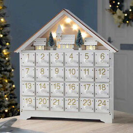 アドベントカレンダー 24日間カウントダウン 木製 白い家 小さな引き出し LEDライト付き クリスマスプレゼントクリスマスカレンダー