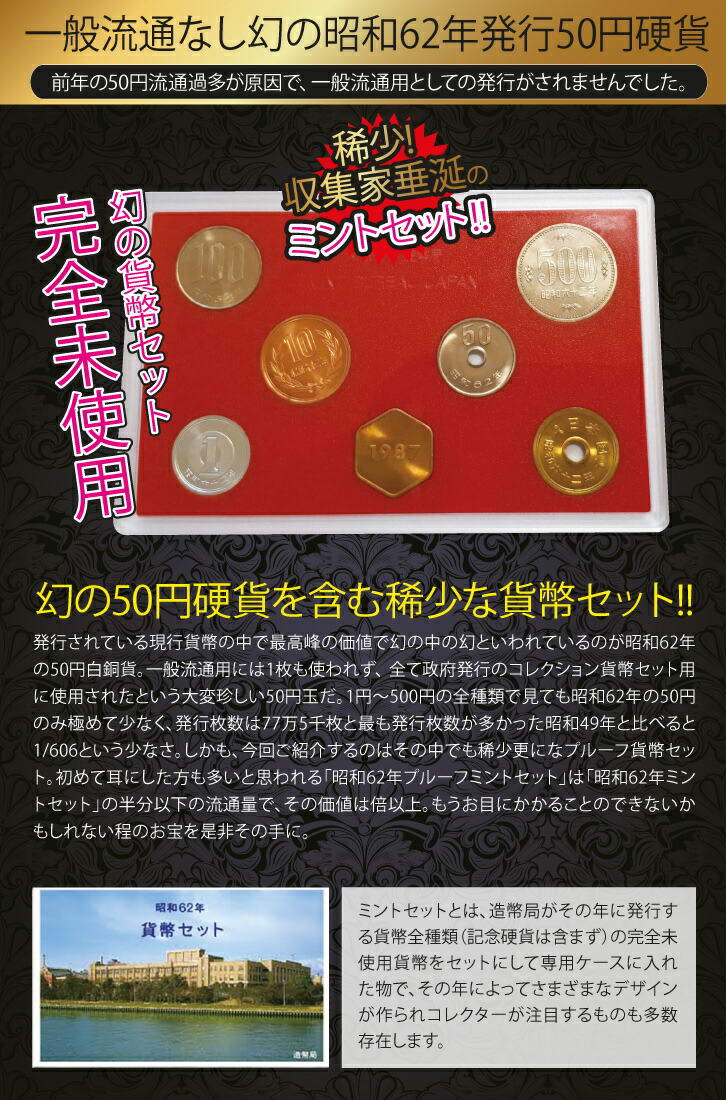 昭和62年版貨幣 1~500円 全種類(計6枚) ミント セット 造幣局発行、完全未使用品、ケース入り 仏像・掛軸の三宝堂