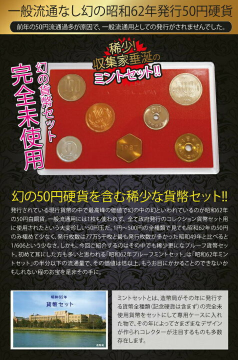 楽天市場】昭和62年版貨幣 1~500円 全種類(計6枚) ミント セット 