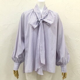 HERENCIA ヘレンチア ビッグリボン着物スリーブブラウス big ribbon kimono sleeve blouse フリーサイズ 綿 ポリエステル トップス 長袖 シャツ 無地 ストライプ リボンタイ 小顔効果 袖口ゴム white purple 白 紫 おしゃれ 大人可愛い キレイ目 カジュアル レディース