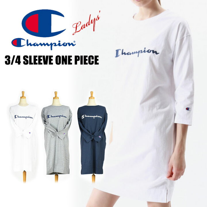 楽天市場 セール Champion チャンピオン レディース ロゴプリント 7分袖ワンピース 3 4スリーブ ロングtシャツ Cw N403 Jeans Sanshin
