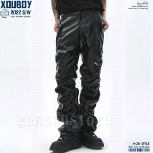 レザーパンツ メンズ モード系 ストレート ギャザーパンツ ドレープ おしゃれ ゴシック V系 パンク ダンス 個性派ファッション 春秋 革パン フェイクレザー 美脚