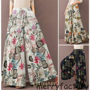 ワイドパンツ ガウチョパンツ レディース スカンツ スカーチョ 体型カバー 春夏 リネン ガウチョパンツ 花柄 ウエストゴム 美脚 ポケット付き 着痩せ 春 夏