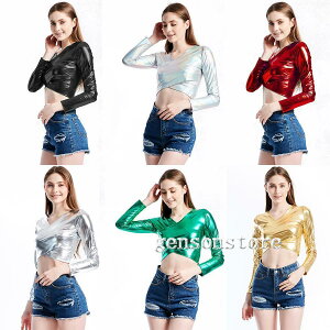 メタリック トップス Vネック クロス タイト インナー 光沢 長袖 舞台 ステージ衣装 エナメル レディース Tシャツ へそ出し ショート丈 ダンス衣装