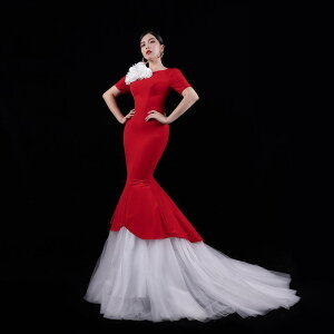 カラードレス レッド ブルー 半袖 ファスナー パーティードレス フォーマル 赤 ロングドレス マーメイドドレス 結婚式 二次会 発表会 花嫁 ウェディングドレス