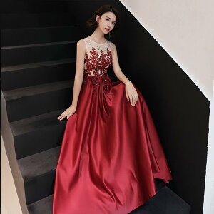 カラードレス カクテルドレス ロングドレス パーティードレス 発表会 演奏会 ステージドレス イブニングドレス 大人 赤 ワインレッド ノースリーブ ファスナー