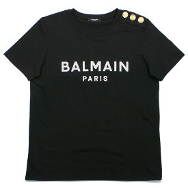 バルマン BALMAIN 半袖Tシャツ XF1EF005 BB28 レディース 女性用 クルーネック 丸首 コットン 綿 ロゴ メタリックプリント ボタン装飾 ベーシック シンプル
