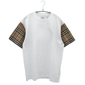 バーバリー BURBERRY ヴィンテージチェックスリーブ コットン オーバーサイズ半袖Tシャツ 8042716 レディース 袖チェック クルーネック クラシックカジュアル ゆったり ホワイト×ベージュ XSサイズ