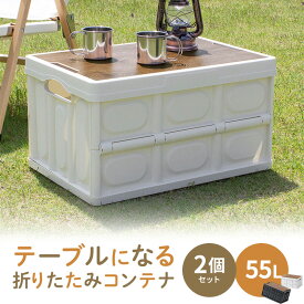 折りたたみ コンテナ Lサイズ フタ付き 55L 同色2個セット 木製蓋付き テーブル アウトドア 軽量 折り畳み ふた フタ