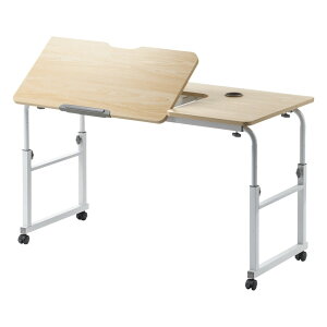 ベッドテーブル 昇降式 ベッドサイドテーブル 介護ベッドテーブル パソコンデスク ロータイプ キャスター 手動昇降 角度調整 カップホルダー 120cm幅 奥行60cm 木目 昇降式パソコンデスク ナ