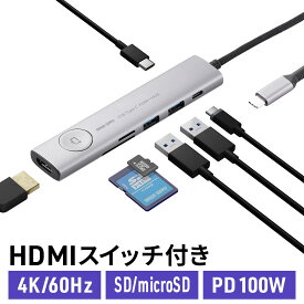 ドッキングステーション USB Type-C 画面ON/OFFスイッチ付き HDMI 4K/60Hz USB PD100W対応 USB 5Gbps カードリーダー ケーブル一体型 モバイル 持ち運び