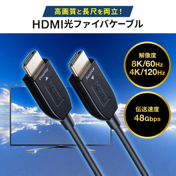 HDMIケーブル 20m 光ファイバー ウルトラハイスピード AOC 8K/60Hz 4K/120Hz バージョン2.1準拠品 細い ゲーム  PS5 サンワダイレクト