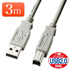 USBケーブル 3m まとめ買いや大量導入向き Aオス-Bオス ライトグレー
