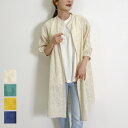 【在庫一掃】シャツワンピース レディース 春 夏 5分袖 綿 カットジャカード ジャカード シアー ジャガード 総柄 花柄 前開き 羽織 袖ギャザーノーカラー チュニック オフ イエロー グリーン ネイビー M L カジュアル