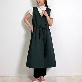 【在庫一掃】ジャンスカ ジャンパースカート 大人 きれいめ Vネック ワンピース 春 秋 冬 ベルト リボン ウエストベルト バッククロス ダンボールニット ダブル ダブルブレスト ジレ ロング ブラックオリーブ ネイビー ベージュ CH_hdmn サロン制服 サロン 制服