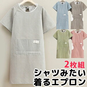 40代 無地 エプロン ポケット シャツみたいに重ね着 ロング丈 エプロンワンピース ゆっ 50代 シンプル可愛い 割烹着 半袖 2枚組