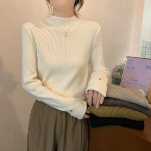 レディース リブトップス 長袖 5color 長袖ニット 袖口ボタン ボトルネック トップス リブニット プチハ 長袖リブニット ニット