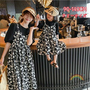 リンクコーデ 重ね着風 韓国 おそろい トップス ハワイ ママと娘 親子服 お揃い 親子コーデ 花柄ワンピース 半袖 ワンピース