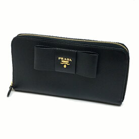 プラダ PRADA 長財布 ラウンドファスナー 1M0506 レディース長財布　ブラック　リボン【中古】