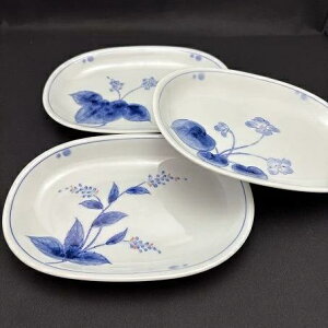 平皿 浅鉢 楕円型 (大) 3枚組 草花 有田焼清秀窯 磁器 陶器 プレート皿 焼き物皿 オードブル デザート皿 寿司皿 食器 長方形 四角 花柄 白地 インテリア アクセサリー入れ シンプル やさしい