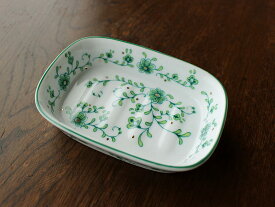 【アウトレット】キララグリーン 陶器のソープディッシュ / 緑の花柄 石鹸置き せっけん皿 トレイ 洗面台 お風呂 雑貨 ゴールド サニタリー 洗面