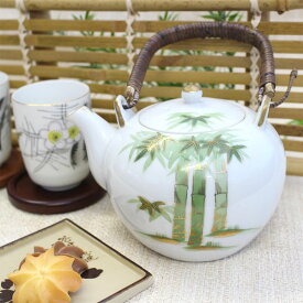 【アウトレット】手描き竹金線土瓶[直径12.5×幅15.5×H11.3cm] / 4号 土瓶 竹柄 金 急須 お茶 旅館 円柱 業務用 大容量 手書き ゴールド 和柄 和風 来客用