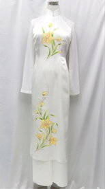 サテンシルクアオザイ　長袖　セットアオザイ　シルクアオザイ　チャイナ襟ドレス　チャイナカラードレス　パーティドレス　浴衣替わり　発表会　二胡　二胡発表会