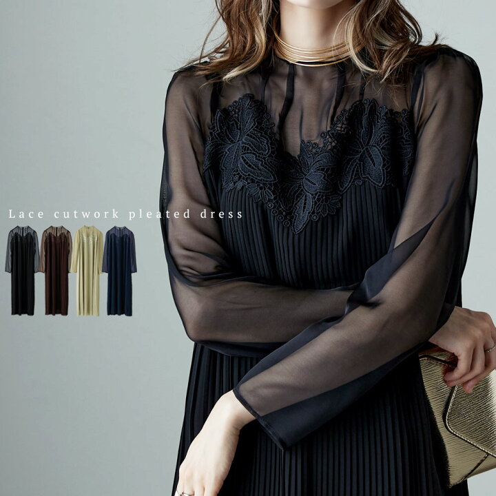 楽天市場】【全品8%オフクーポン！】レースカットワークプリーツドレス  