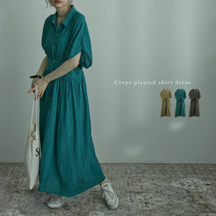 楽天市場 楊柳プリーツシャツワンピース ワンピ ワンピース 半袖 ドルマン シャツワンピ ロング マキシ丈 ロングワンピ 羽織り プリーツ 楊柳 Etoll