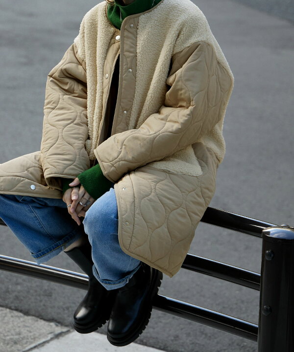 楽天市場】ノーカラーボア切替キルトコート アウター コート  