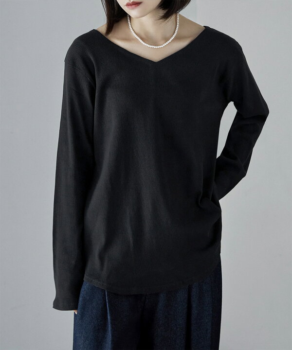 楽天市場】VネックコットンロングスリーブリブT トップス Tシャツ  