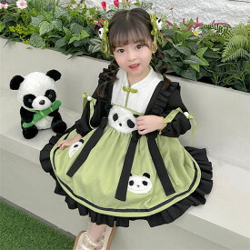 パンダ柄 panda ワンピース+髪飾り ベビードレス キッズ 子供 子ども 女の子 ドレス 結婚式 新生児 イベント 誕生日 記念写真 可愛さ 長袖 通学 通園 可愛い お姫様 90cm 100cm 110cm 120cm 130cm 140cm