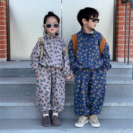 2点セット ジャケット＋パンツ キッズ 女の子 男の子 男女兼用 子ども 子供服 ジュニア 春秋 花柄 ジッパージャケット セットアップ 長袖 韓国系 カジュアル デイリー 登園 通学