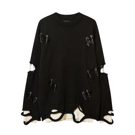 ニット メンズ 長袖 美式 ストリート ダメージ 穴あき ゆったり プルオーバー トップス 針抜き ブラック 黒色 コーヒー色 珈琲色 秋物 秋冬