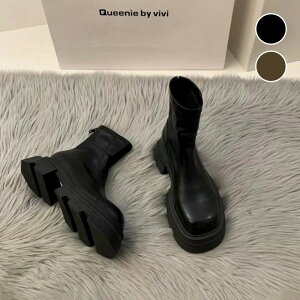 厚底ブーツ ショート ストレッチ スクエアトゥ 美脚 脚長効果 歩きやすい ベーシック シンプル おすすめ おしゃれ レディース 人気 プチプラ 韓国ファッション 2025秋冬新作