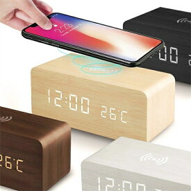置き時計 デジタル 電池式 大型 Qi充電 目覚まし時計 LED表示 ワイヤレス充電 クロック 置時計 大音量 温度計 カレンダー アラーム 木製 ウッド 北欧 卓上 子供 ギフト