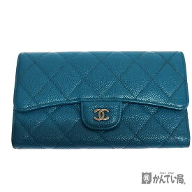 CHANEL シャネル 三つ折り 長財布 キャビアスキン ブルー 青 レディース 財布 ココマーク 札入れ 外箱布袋有り 小銭入れ 札入れ カード入れ 【中古】