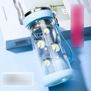 ダブルガラス デージー ハンドル付き 透明 ウォーターボトル 茶こし ボトル 耐熱ガラス ボトル 水筒 無鉛 夏用 持ち運び便利 高い密封性 あらう 軽い 男女兼用 学生 会社 旅行 贈り物 ハイキ